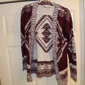 Burgandy and white Open Cardigan with Aztec print